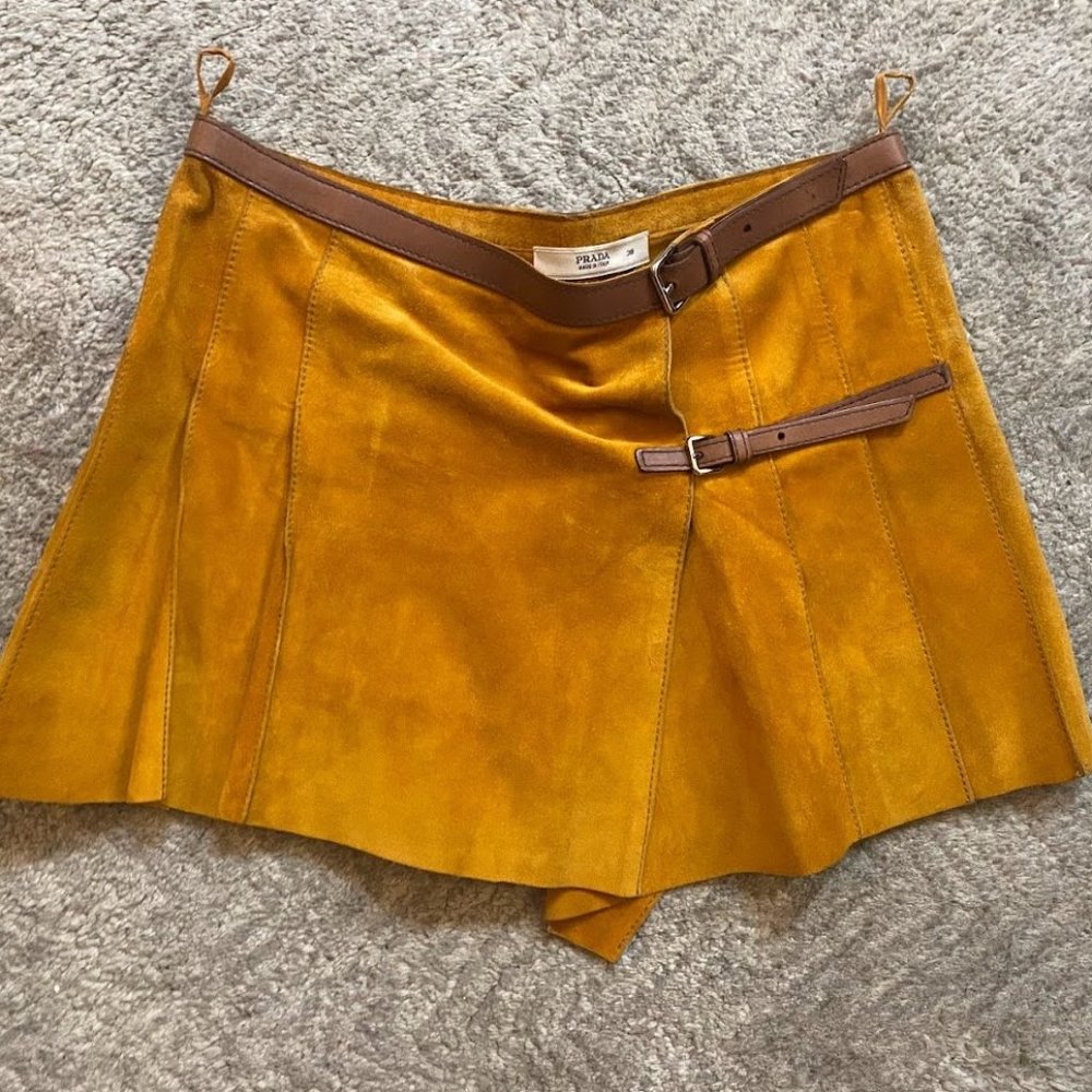Prada Suede Pleated Micro Mini Leather Skirt